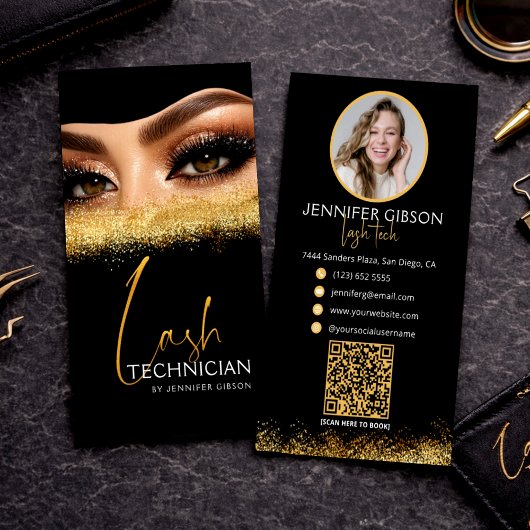 Glanzende Goud & Zwarte Wimper Tech QR Code Visitekaartje