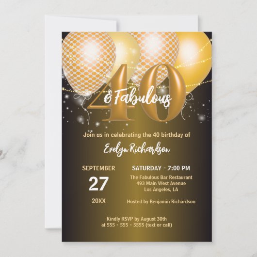 Glanzende gouden ballonnen Fabulous 40th Verjaarda Kaart (Voorkant)