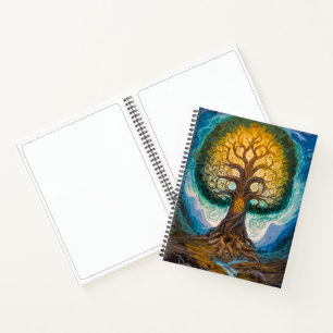 Glanzende Gouden Blauwe Yggdrasil Fantasy Boom Kun Notitieboek
