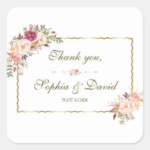 Glanzende Gouden Blush Roze Bloemige Trouw Vierkante Sticker