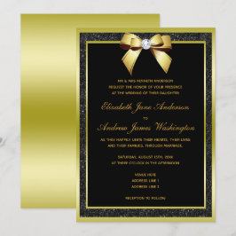 Glanzende Gouden Boog & Zwarte Glitter Bruiloft Kaart