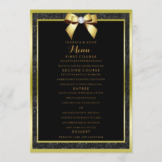 Glanzende Gouden Boog & Zwarte Glitter Bruiloft Menu (Voorkant)