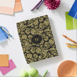 Glanzende gouden damast op zwarte achtergrond iPad cover<br><div class="desc">Elegante glanzende gouden  bloemendamast over aangepaste zwarte achtergrond. Goud en zwart lijst en aanpasbaar monogram. Glans is een digitale illusie en geen echte glans.</div>
