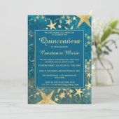 Glanzende gouden en blauwe Quinceanera-uitnodiging Kaart (Staand voorkant)
