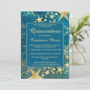 Glanzende gouden en blauwe Quinceanera-uitnodiging Kaart