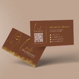 Glanzende gouden en bruine wimpertechnicus QR-code Visitekaartje
