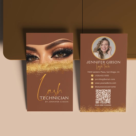Glanzende gouden en bruine wimpertechnicus QR-code Visitekaartje