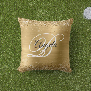 Glanzende Gouden Glitter Folie Fancy Monogram Buitenkussen