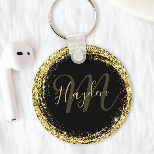 Glanzende Gouden Glitter Monogram Naam Zwart Sleutelhanger