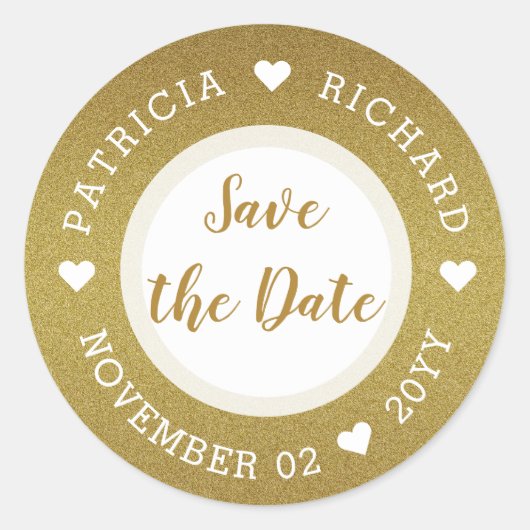 Glanzende Gouden Glitter Trouw Save The Date Ronde Sticker (Voorkant)