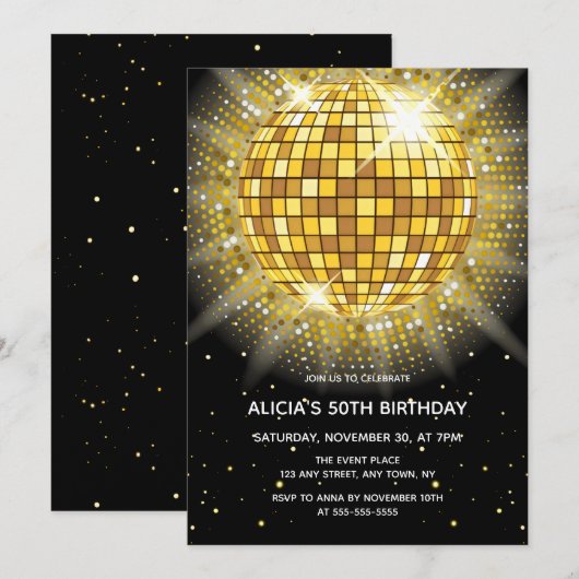 Glanzende Gouden Halftone Discobal Zwarte Verjaard Kaart (Voorkant / Achterkant)