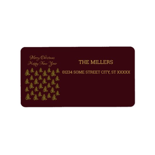 Glanzende gouden kerstboom op rode Kerst Etiket (Voorkant)