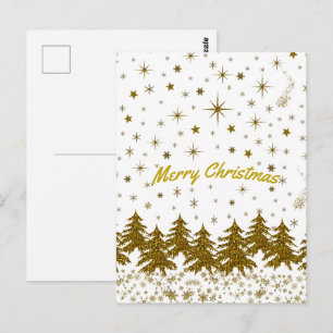 Glanzende gouden kerstboom, sterren, sneeuw op briefkaart