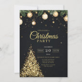Glanzende gouden kerstboom uitnodiging voor feest (Voorkant)