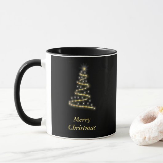 Glanzende gouden kerstboom zwart mok (Met donut)