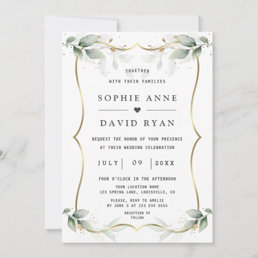 Glanzende gouden luchtige waterverf groene wedding kaart (Voorkant)