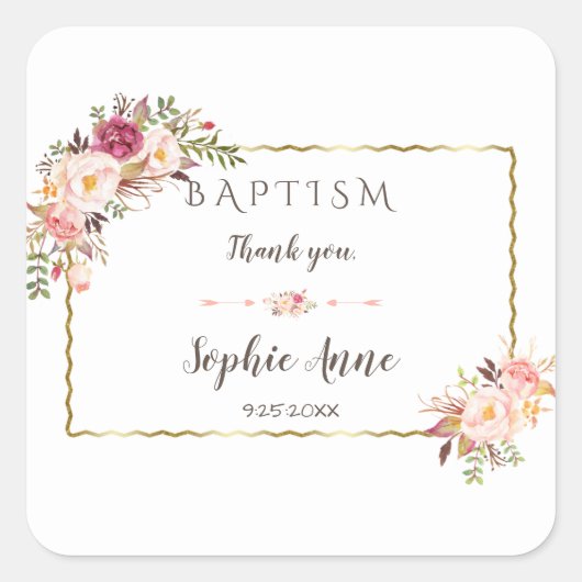 Glanzende gouden roze bloemendoop vierkante sticker (Voorkant)