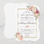 Glanzende Gouden Roze Bloemige Bruiloft Kaart (Voorkant / Achterkant)