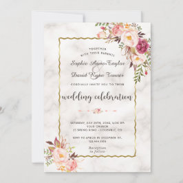 Glanzende gouden roze bloemige marmeren bruiloft kaart