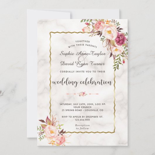 Glanzende gouden roze bloemige marmeren bruiloft kaart (Voorkant)