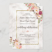 Glanzende gouden roze bloemige marmeren bruiloft kaart (Voorkant / Achterkant)