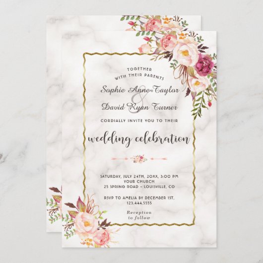 Glanzende gouden roze bloemige marmeren bruiloft kaart (Voorkant / Achterkant)