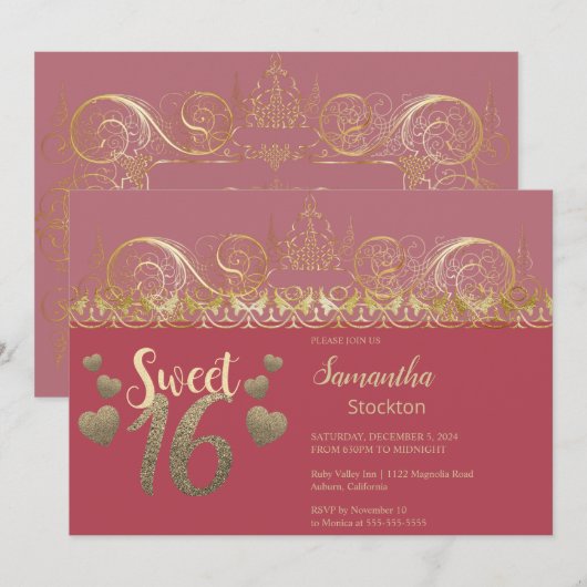 Glanzende gouden Sweet 16 uitnodiging (Voorkant / Achterkant)