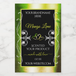 Glanzende groene gele productlabels juwelen zwart voedselcontainer etiket