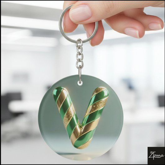 Glanzende groene gouden glitter gestreepte letter sleutelhanger