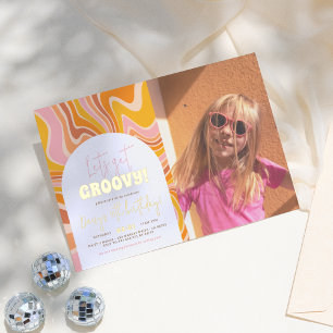 Glanzende Groovy Roze Oranje Foto Verjaardagsfeest Folie Uitnodiging