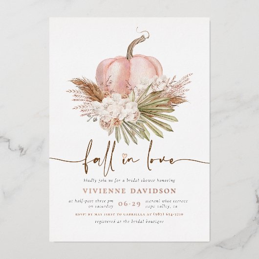 Glanzende Herfst In Liefde Roze Boho Pompoen Vrijg Folie Uitnodiging (Voorkant)