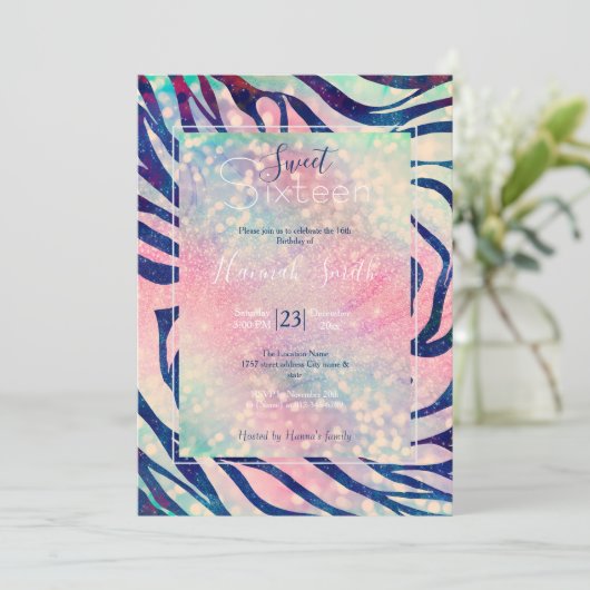 Glanzende holografische glitter blauwe zebra strep kaart (Staand voorkant)