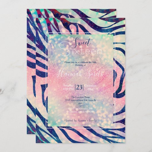 Glanzende holografische glitter blauwe zebra strep kaart (Voorkant / Achterkant)