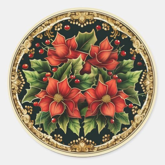 Glanzende hulst en kerstster poinsettia ronde sticker (Voorkant)