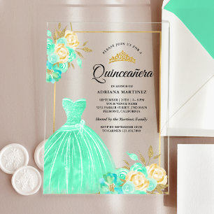 Glanzende jurk mintgroene bloemen goud Quinceanera Acryl Uitnodigingen