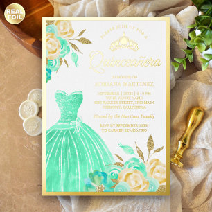 Glanzende jurk mintgroene bloemen Quinceanera goud Folie Uitnodiging