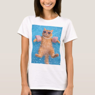 Glanzende kat bij het zwembad drijft in stijl t-shirt