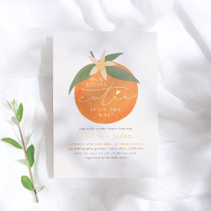 Glanzende Kleine Malle Oranje Koppel Baby Shower Folie Uitnodiging