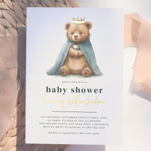 Glanzende Koninklijke Teddybeer Prins Jongen Baby  Folie Uitnodiging