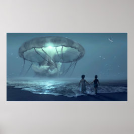 Glanzende kwal over het oceaanstrand poster
