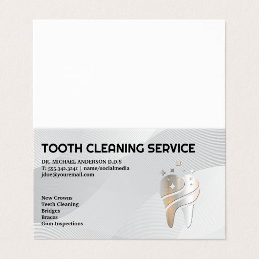 Glanzende metalen tand Logo | tandheelkunde Visitekaartje (Buitenkant ongevouwen)