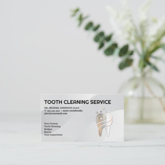 Glanzende metalen tand Logo | tandheelkunde Visitekaartje (Staand voorkant)