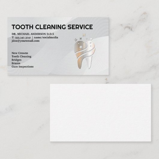 Glanzende metalen tand Logo | tandheelkunde Visitekaartje (Voorkant / Achterkant)