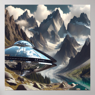 Glanzende metalen ufo in de bergen poster