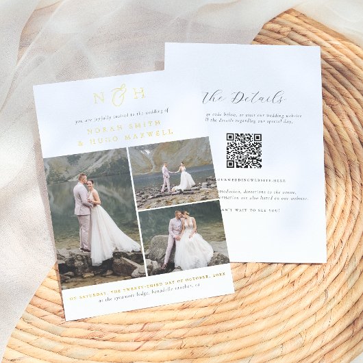 Glanzende Monogram QR Code 3 Foto Collage Trouwkaa Folie Uitnodiging