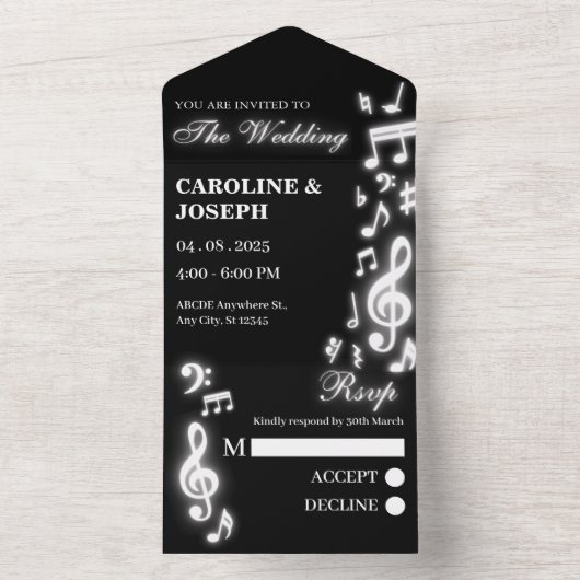 Glanzende Muzieknoten bruiloft All In One Uitnodiging (Binnen)