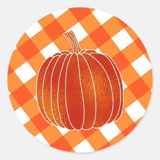 Glanzende Oranje herfst pompoen Plaid Checkers Fav Ronde Sticker (Voorkant)