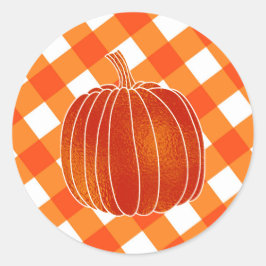 Glanzende Oranje herfst pompoen Plaid Checkers Fav Ronde Sticker