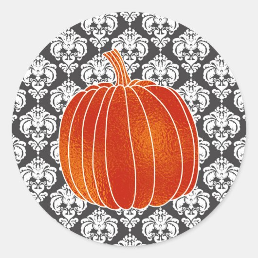 Glanzende Oranje herfst pompoen wit grijs damast Ronde Sticker (Voorkant)