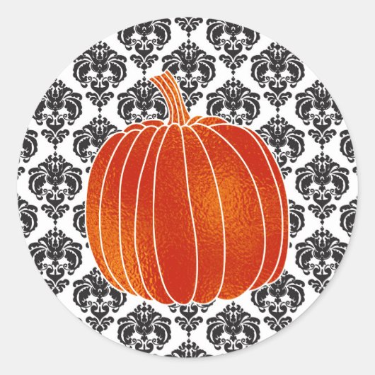 Glanzende Oranje herfst pompoen wit zwart damast Ronde Sticker (Voorkant)